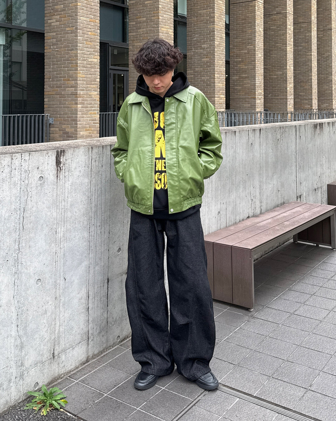 レザーライクライムグリーンジップアップブルゾン GC0289