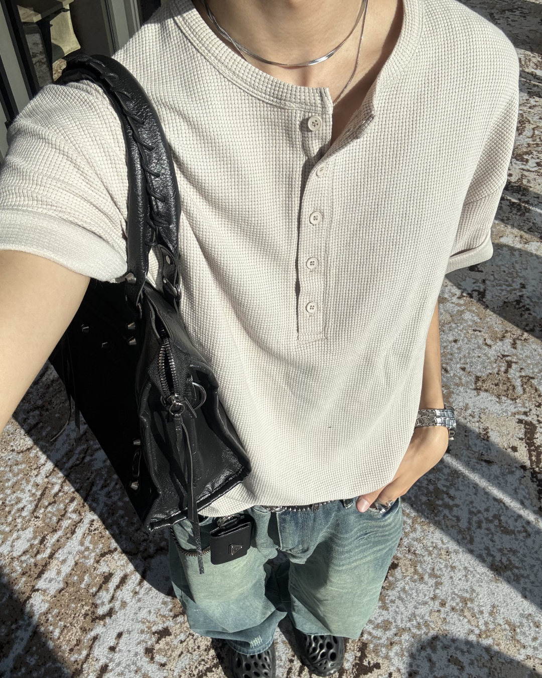 ワッフル素材ヘンリーネックT HS0116