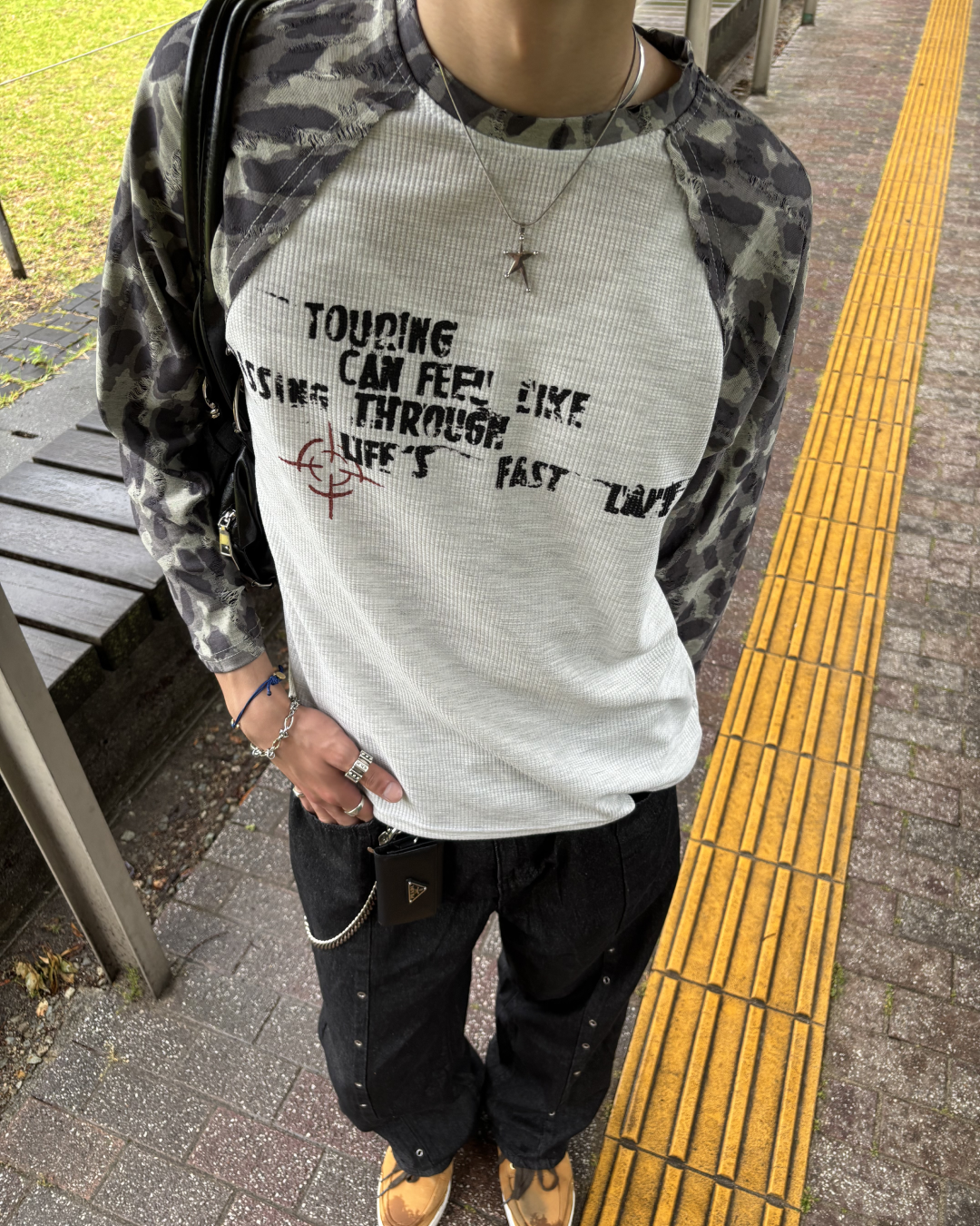 ダメージデザイン迷彩リブTシャツ
HS0122