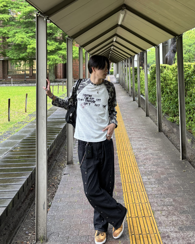 ダメージデザイン迷彩リブTシャツ HS0122