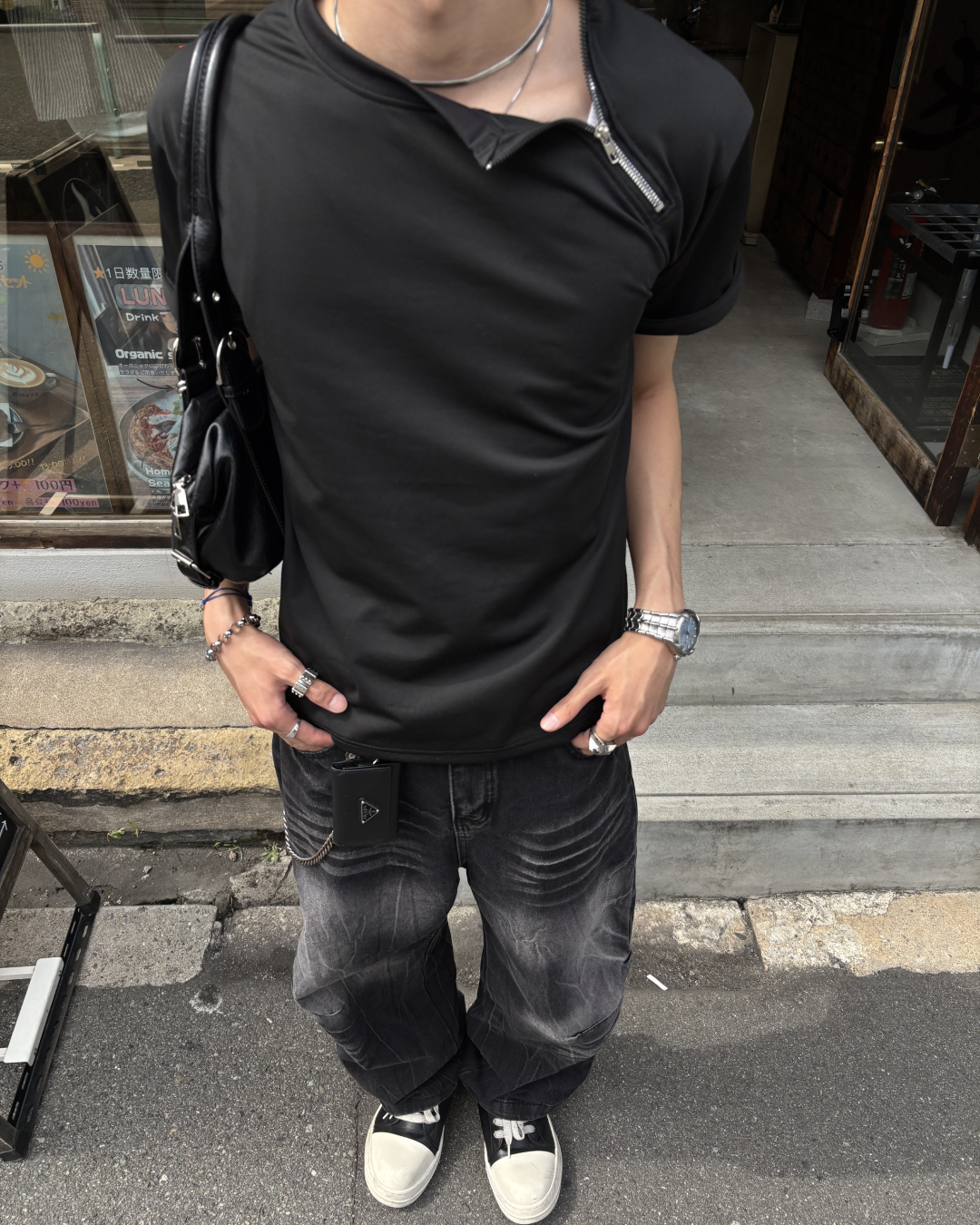 メタルジップアクセントTシャツ HS0142