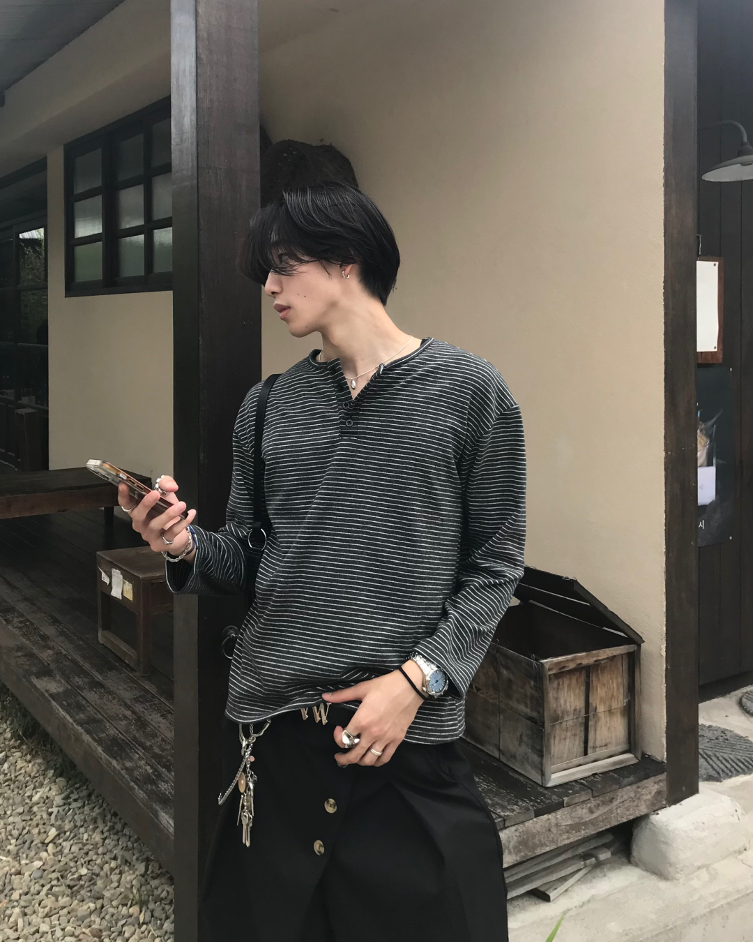 ミニマルボーダーヘンリーロングTシャツ HS0229