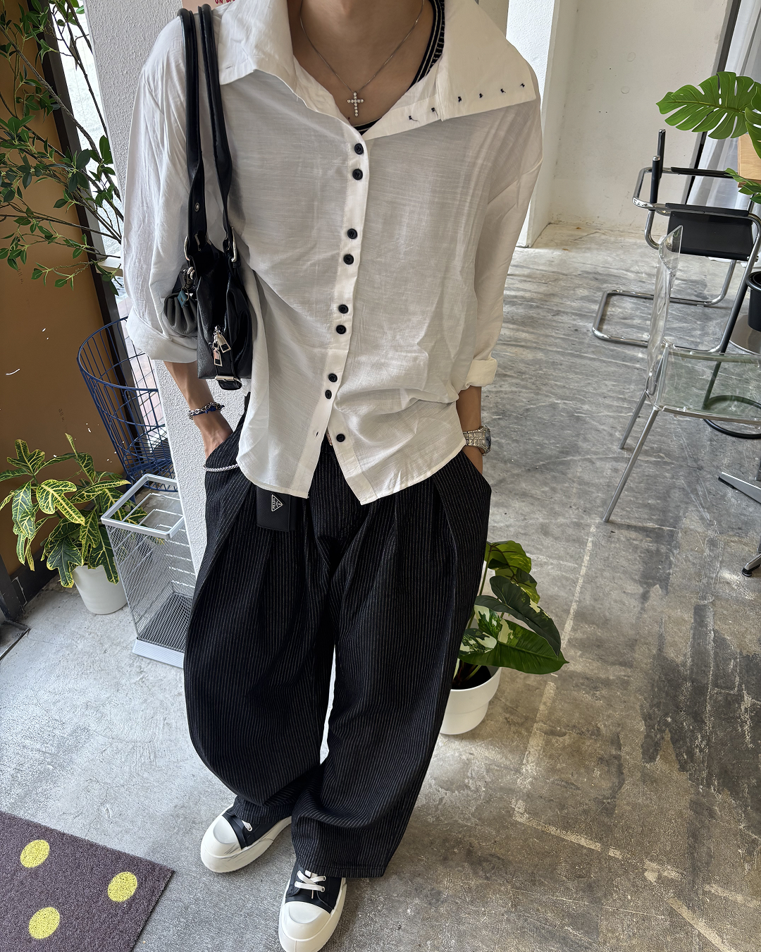 ハイネックボタンデザインシャツ HS0237