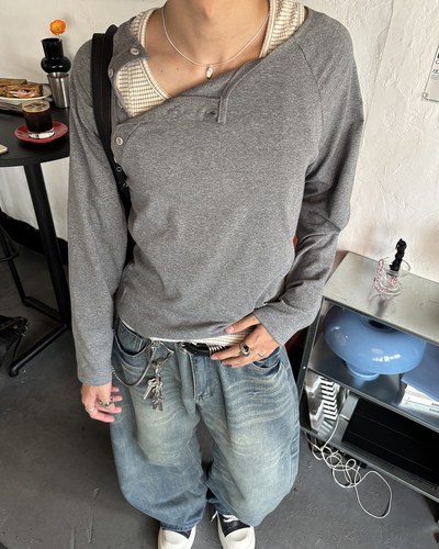 ハーフハイネックアシメサイドボタンT HS0253