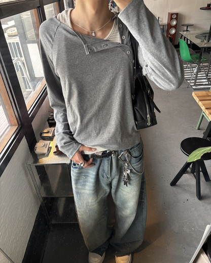 ハーフハイネックアシメサイドボタンT HS0253