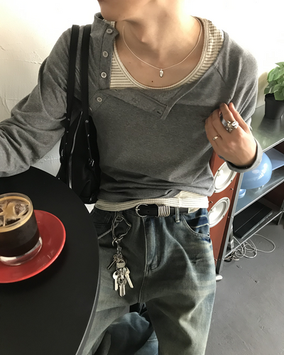 ハーフハイネックアシメサイドボタンT HS0253