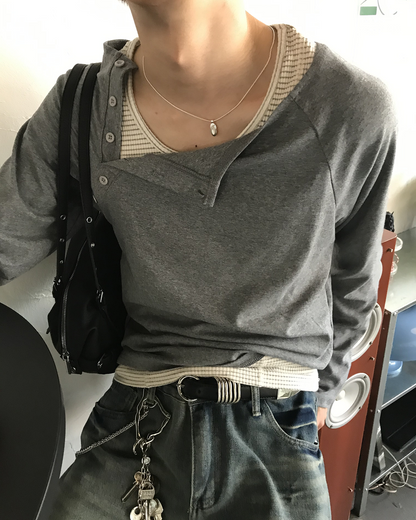 ハーフハイネックアシメサイドボタンT HS0253
