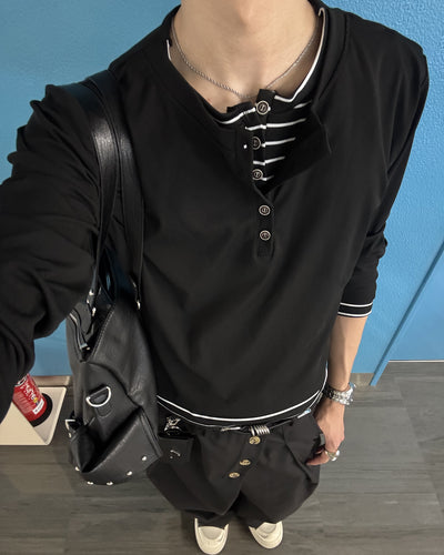 ボーダーレイヤードヘンリーネックロングTシャツ HS0304