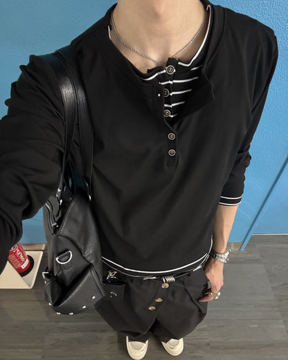 ボーダーレイヤードヘンリーネックロングTシャツ HS0304