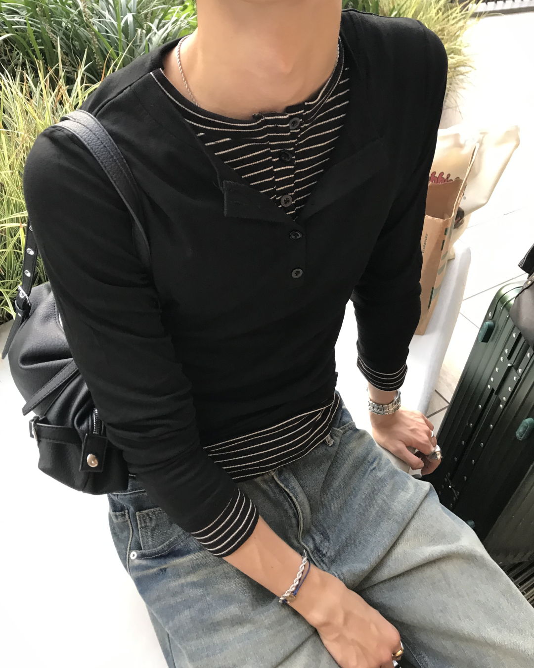 ボーダーレイヤードヘンリーネックロングTシャツ HS0304※ｻｲｽﾞﾘﾆｭｰｱﾙ