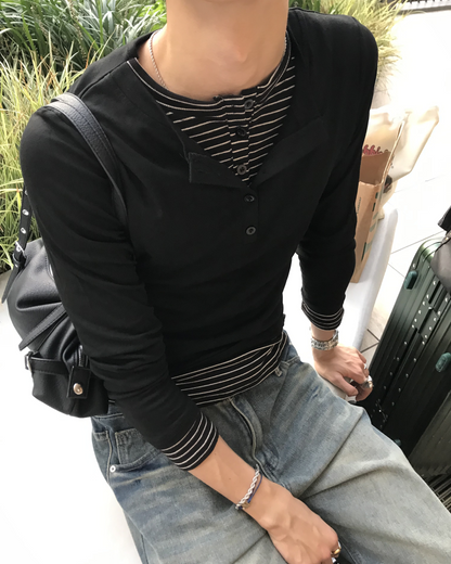 ボーダーレイヤードヘンリーネックロングTシャツ HS0304※ｻｲｽﾞﾘﾆｭｰｱﾙ