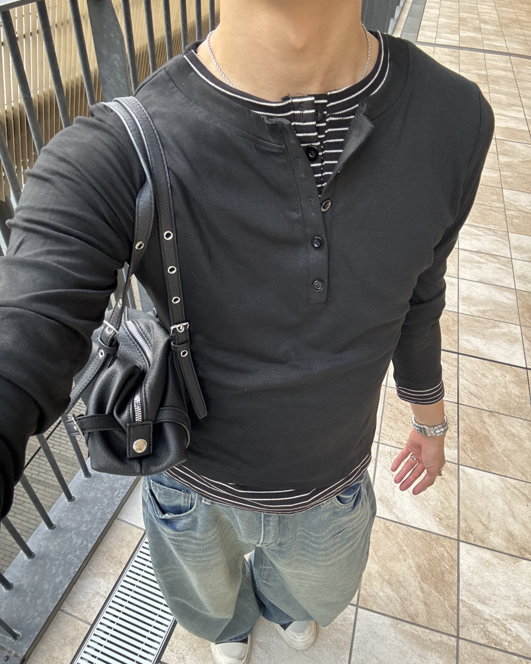 ボーダーレイヤードヘンリーネックロングTシャツ HS0304※ｻｲｽﾞﾘﾆｭｰｱﾙ