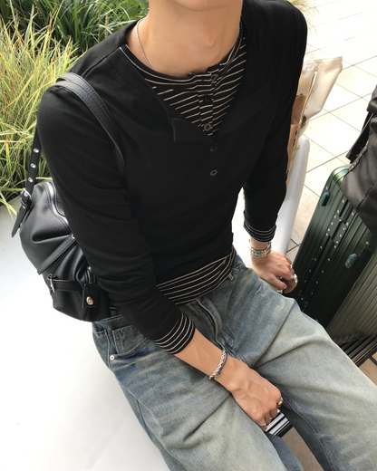 ボーダーレイヤードヘンリーネックロングTシャツ HS0304※ｻｲｽﾞﾘﾆｭｰｱﾙ