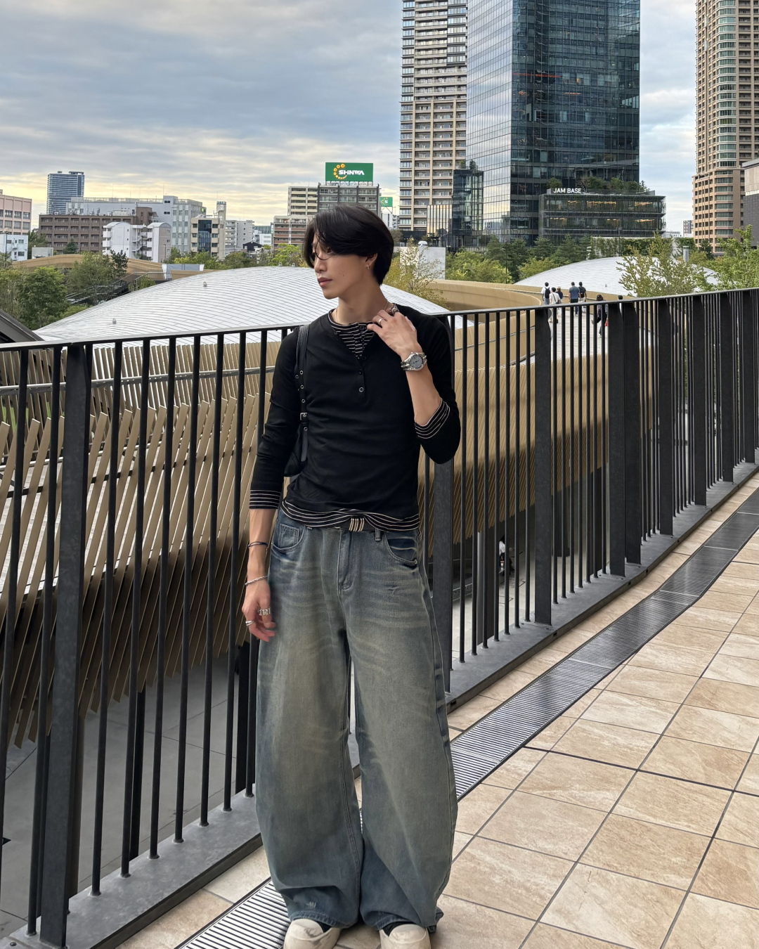 ボーダーレイヤードヘンリーネックロングTシャツ HS0304※ｻｲｽﾞﾘﾆｭｰｱﾙ
