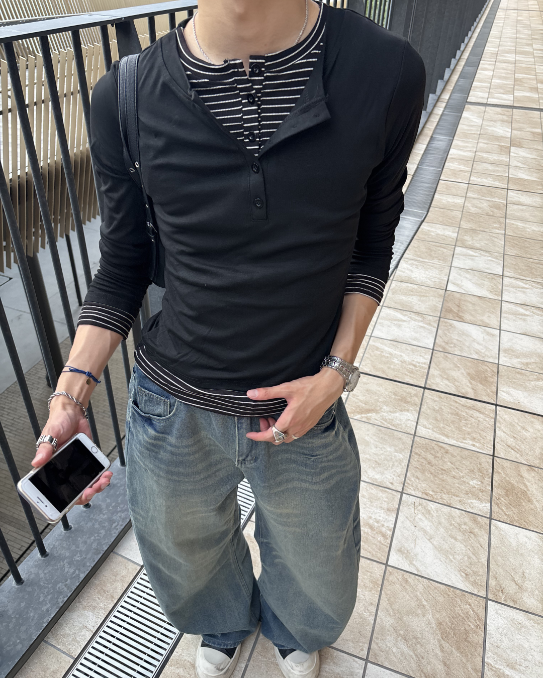 ボーダーレイヤードヘンリーネックロングTシャツ HS0304※ｻｲｽﾞﾘﾆｭｰｱﾙ
