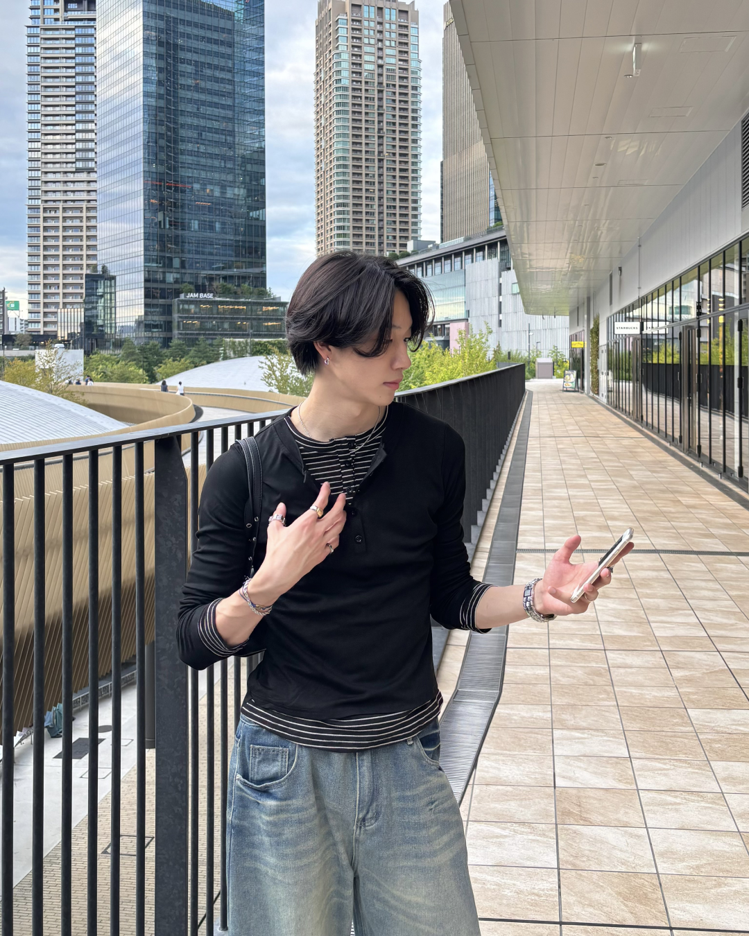 ボーダーレイヤードヘンリーネックロングTシャツ HS0304※ｻｲｽﾞﾘﾆｭｰｱﾙ