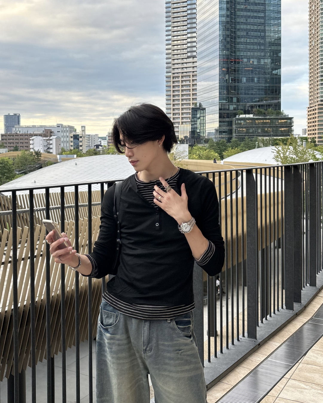ボーダーレイヤードヘンリーネックロングTシャツ HS0304※ｻｲｽﾞﾘﾆｭｰｱﾙ
