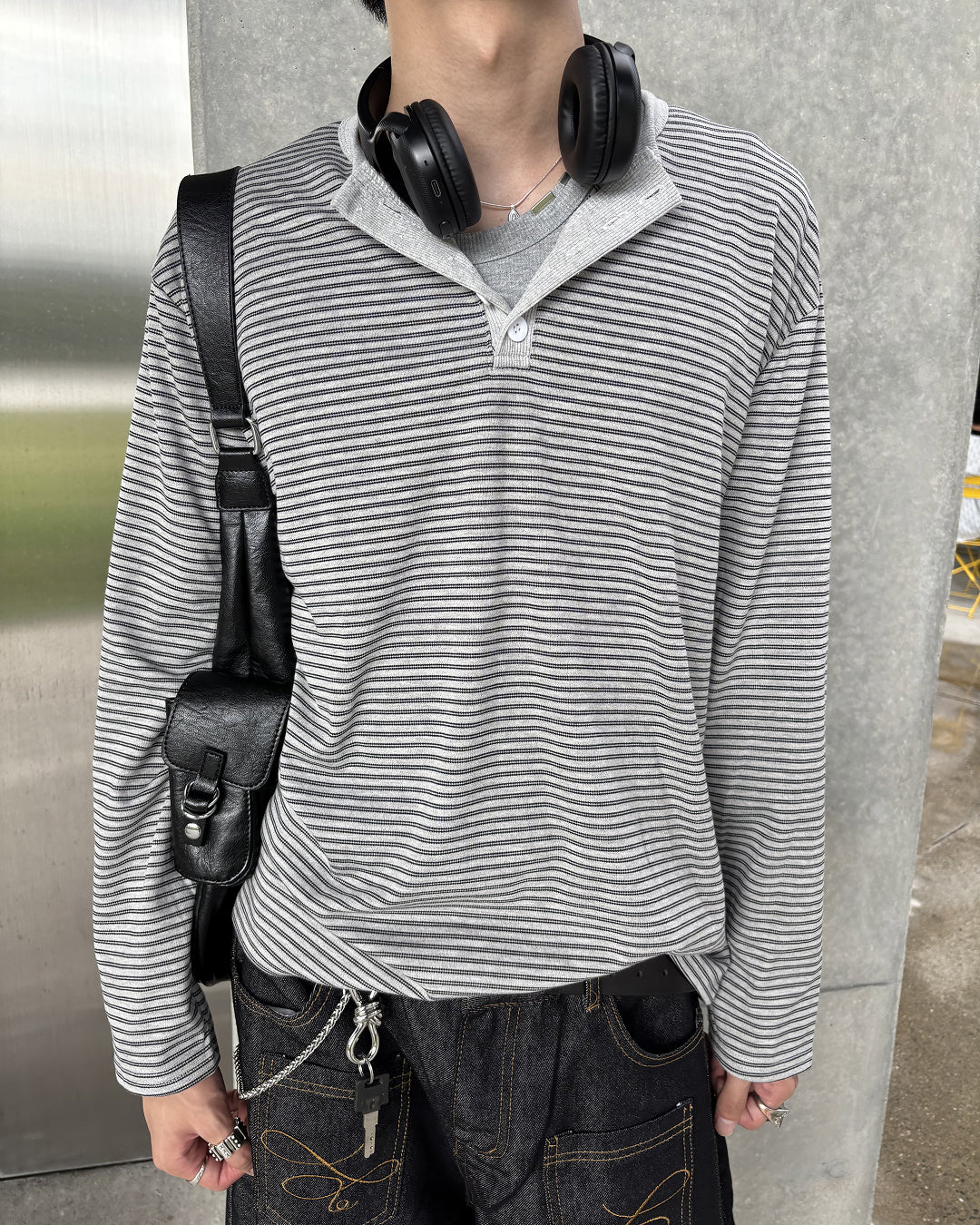 マイクロボーダーヘンリーネックロングTシャツ HS0310
