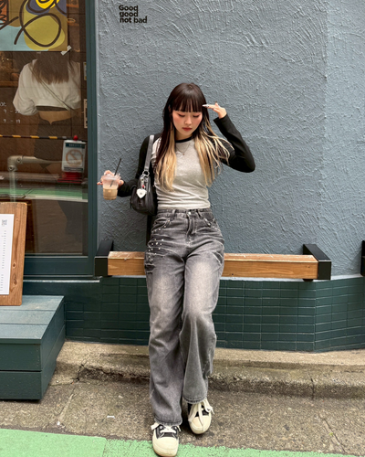 【即納】ラインストーンワイドデニム HZ0154