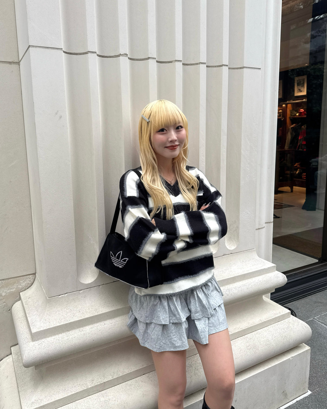 ボーダーシャギーVネックニット HZ2175