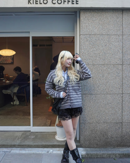 ボーダーVネックニットカーディガン HZ3011