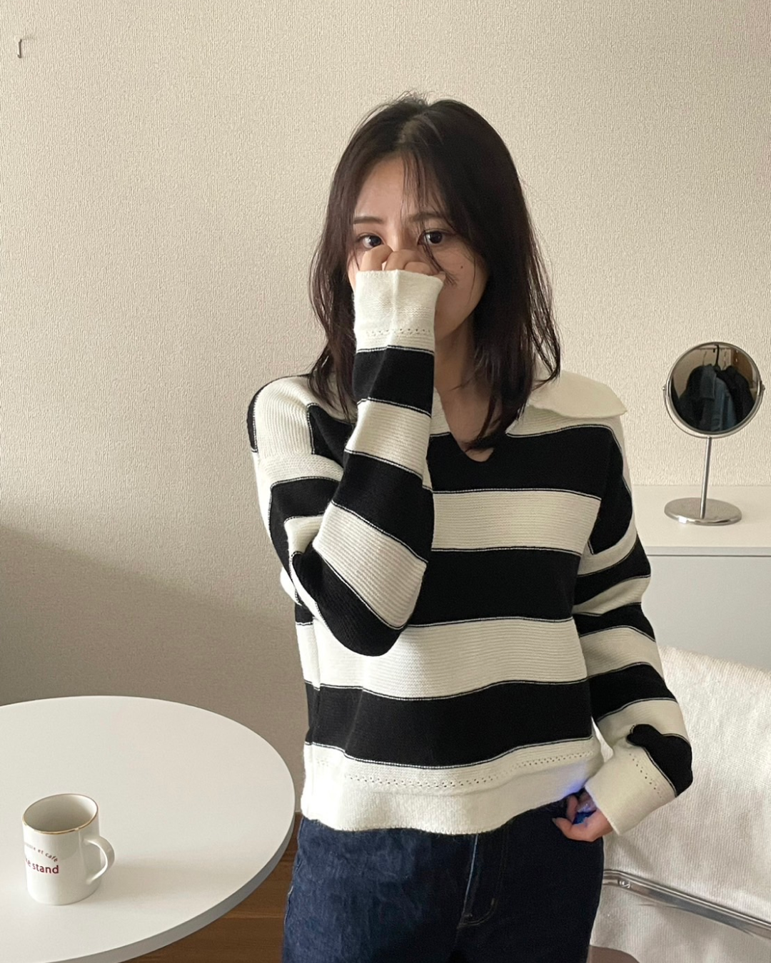 Striped knit polo sweater I0003