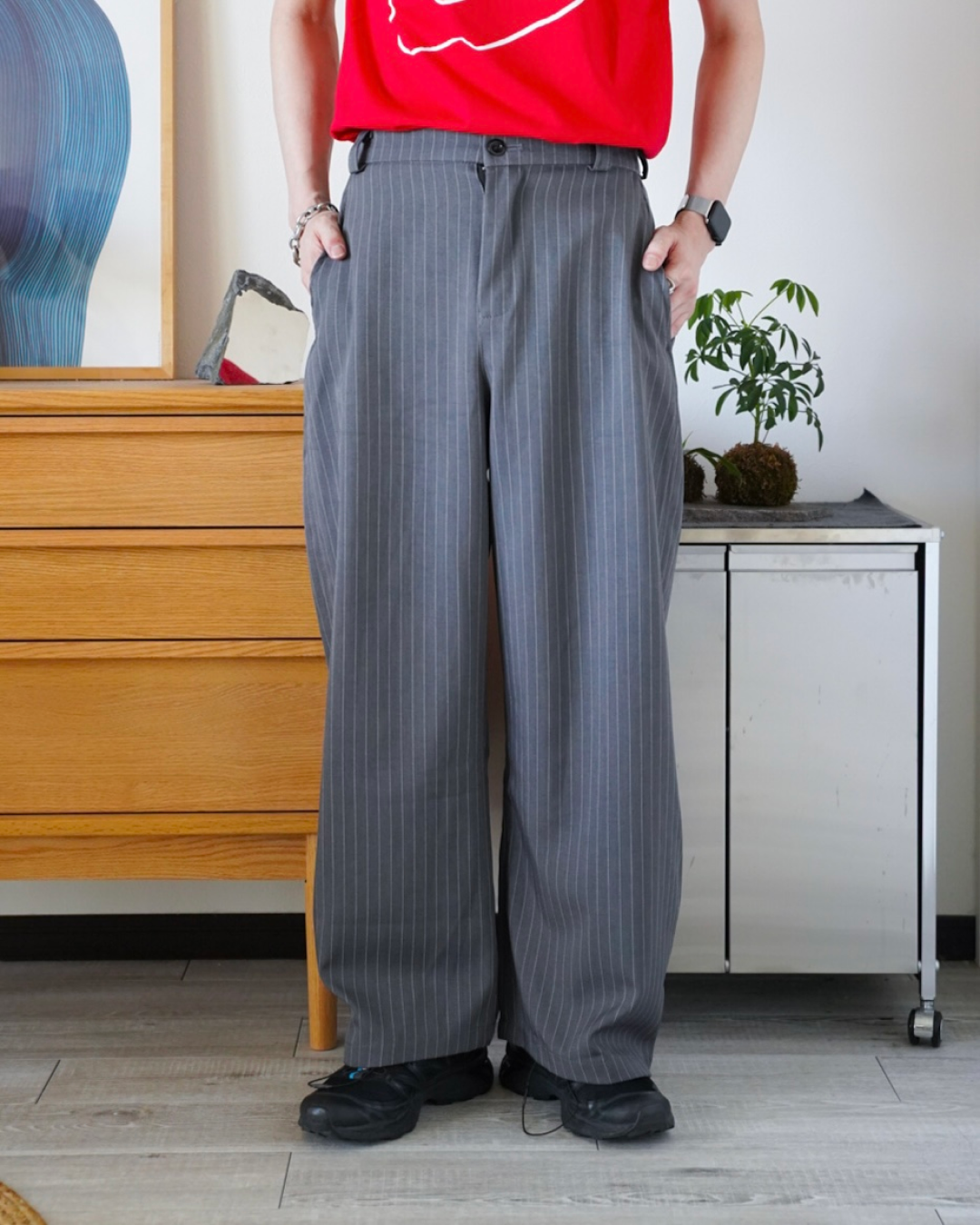 ストライプワイドレッグストレートスラックス ID0015