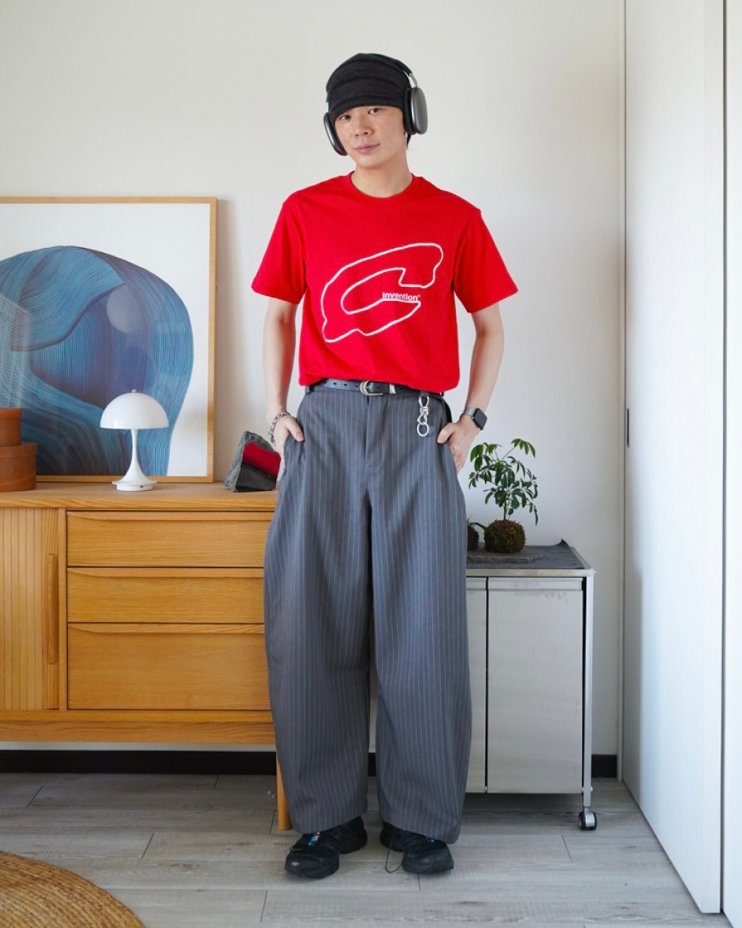 ストライプワイドレッグストレートスラックス ID0015