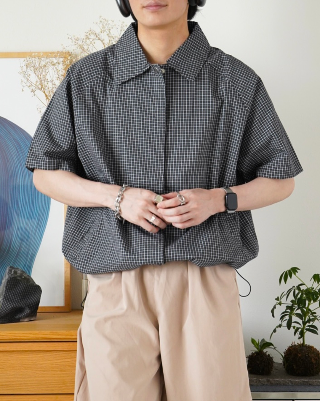 ドローコード付きハーフスリーブチェックシャツ
ID0044