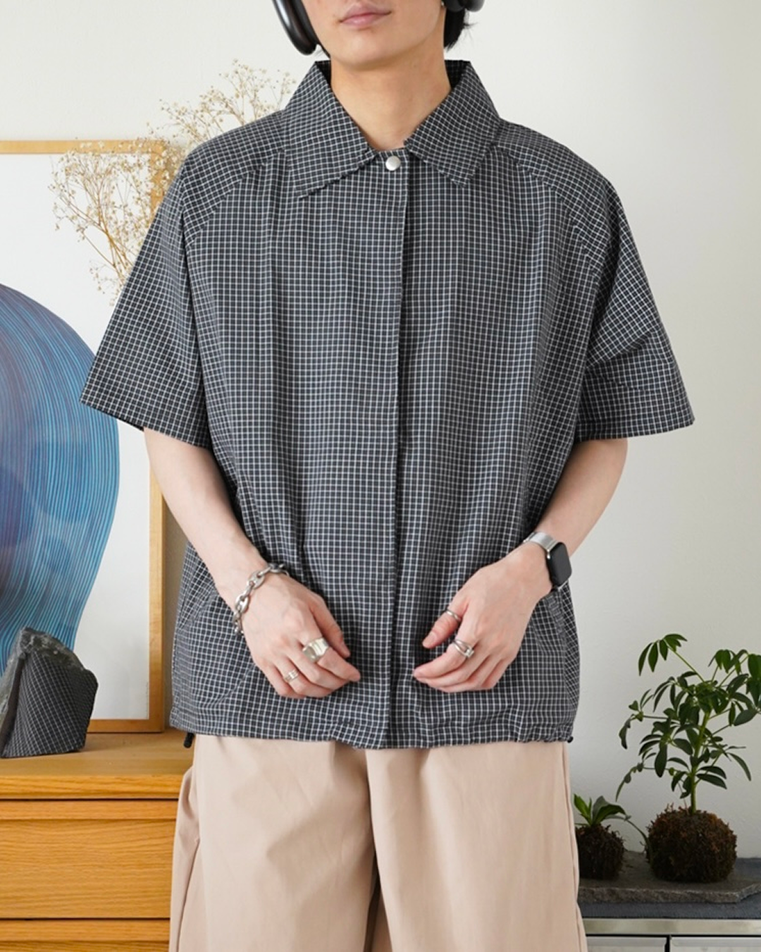 ドローコード付きハーフスリーブチェックシャツ
ID0044