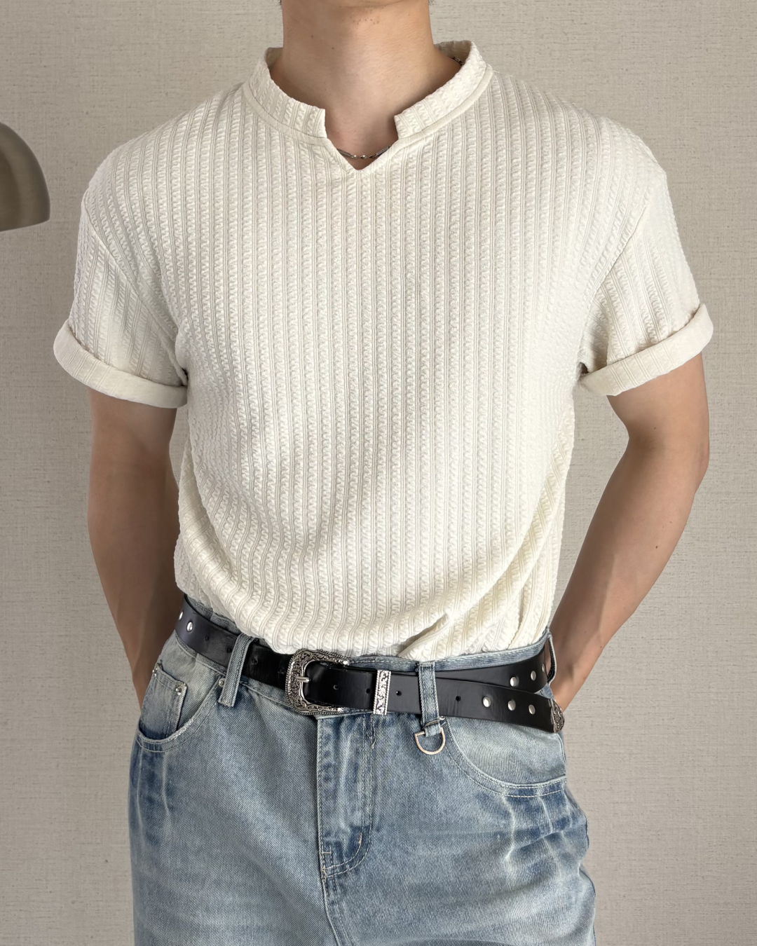 キーネックリブTシャツ IK0123