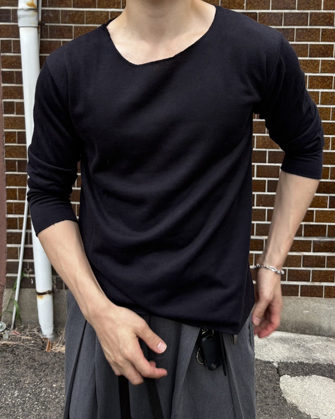 ワッフルクルーネックロングTシャツ IK0288