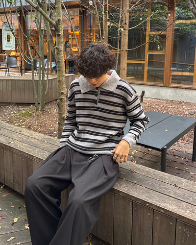 ヘンリーネックユニセックスボーダーニットスウェット GC0280