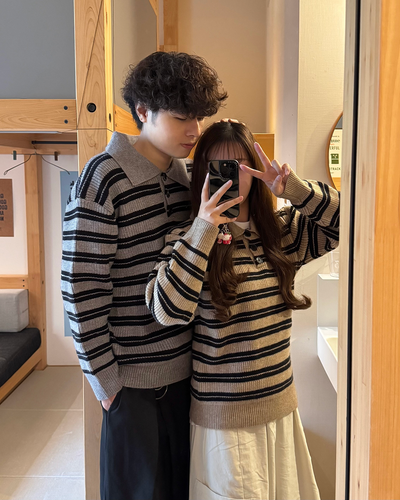 ヘンリーネックユニセックスボーダーニットスウェット GC0280