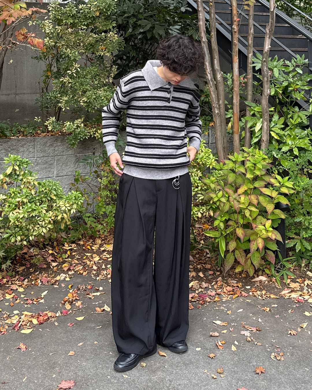 ヘンリーネックユニセックスボーダーニットスウェット GC0280