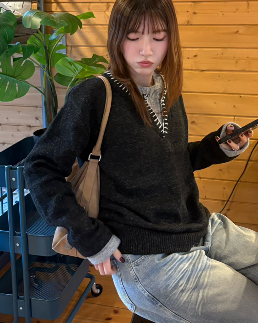 ハンドステッチデザインスキッパーネックニット IR0108