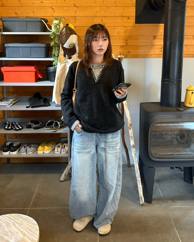ハンドステッチデザインスキッパーネックニット IR0108