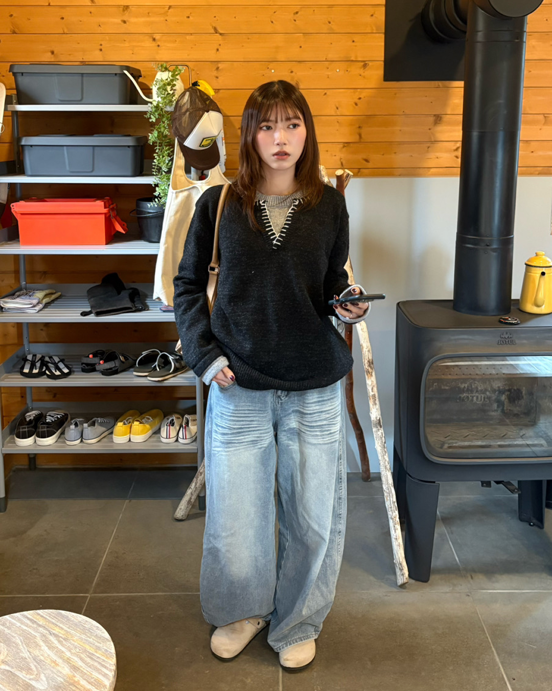 ハンドステッチデザインスキッパーネックニット IR0108
