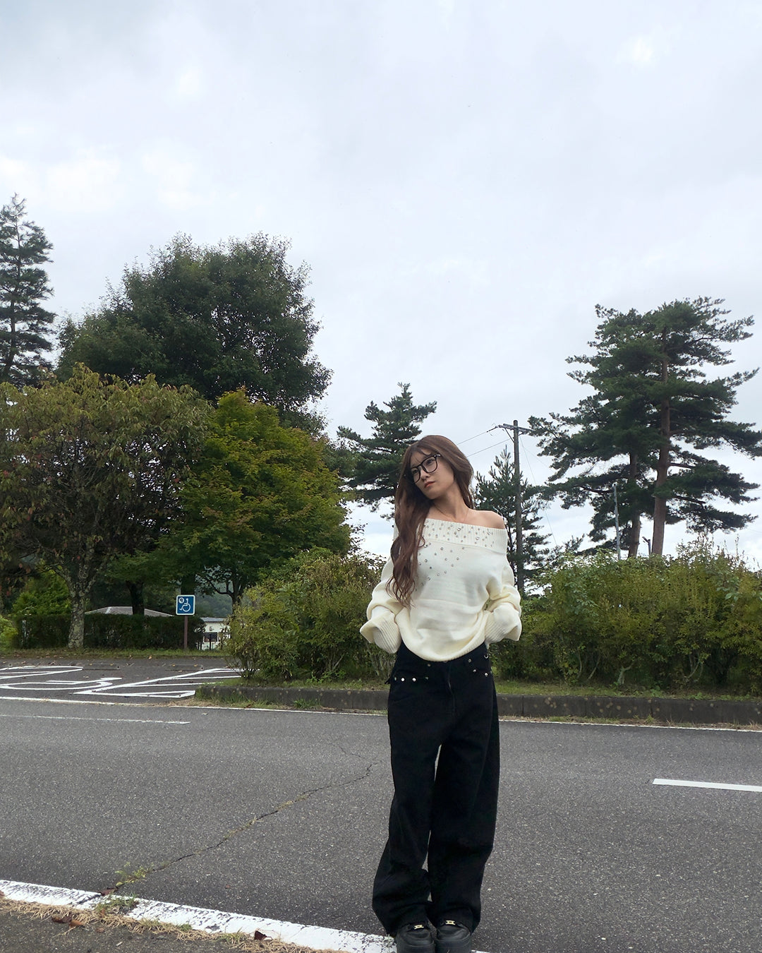 スタッズワンショルダールーズセーター JU0002