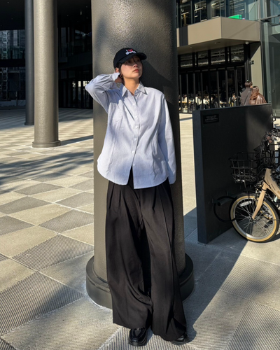 【即納】コットン混ストライプレギュラーシャツ K0360