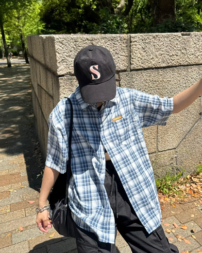 レトロブルーチェックシャツ K0389