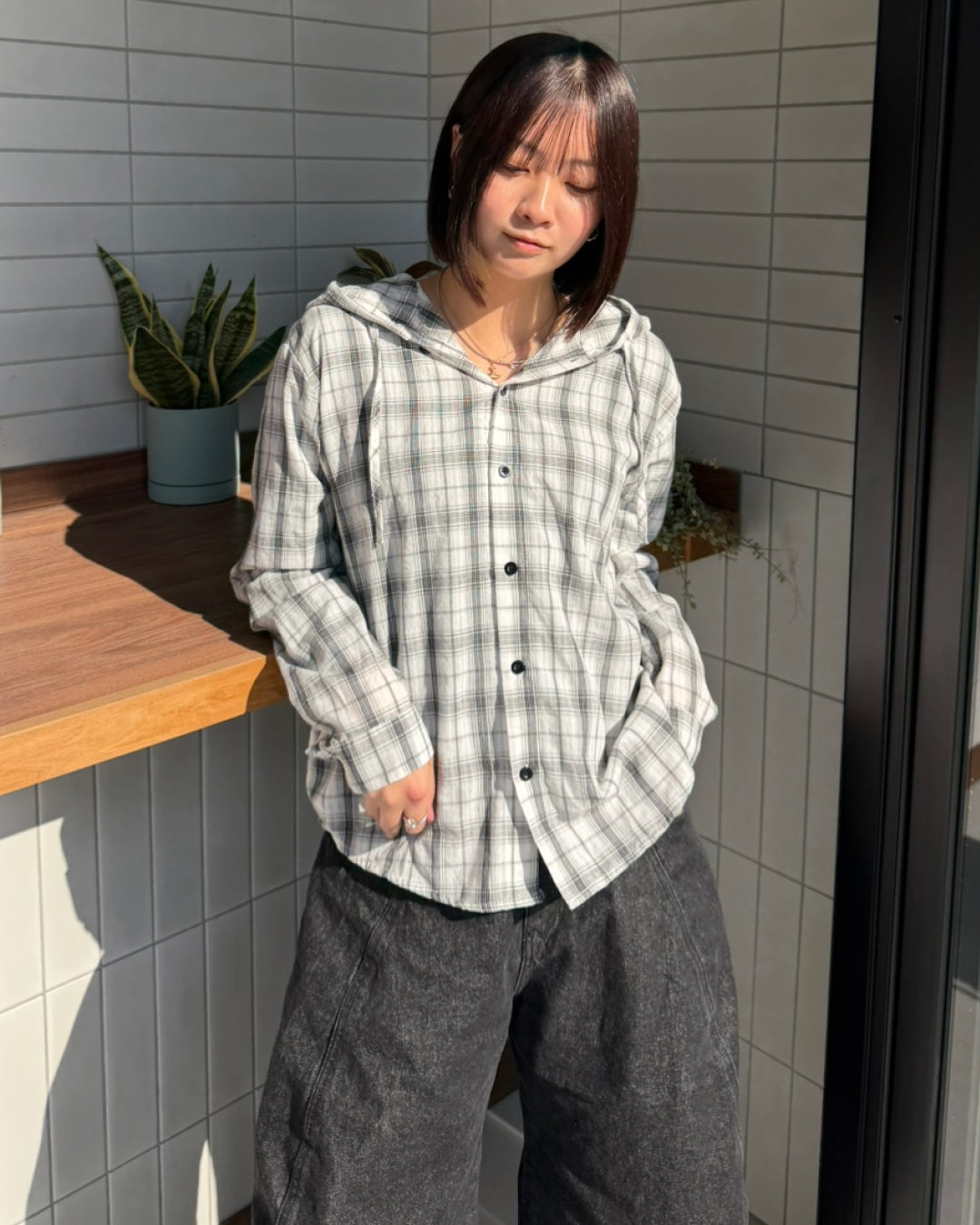 フード付きチェックシャツ K3071
