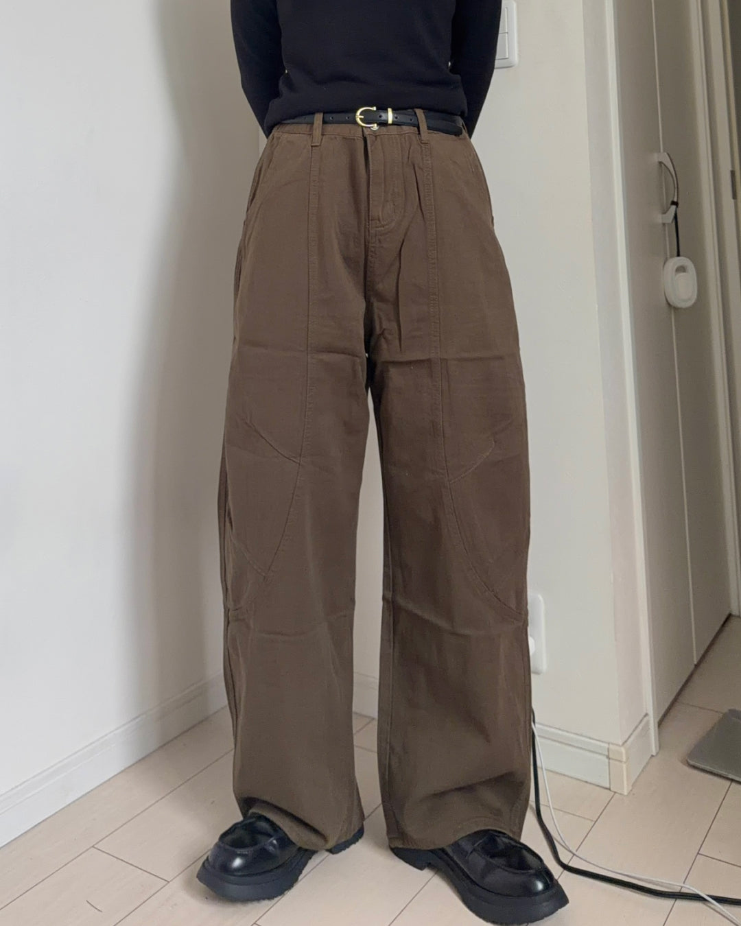 レトロワイドレッグカーキパンツ K3076
