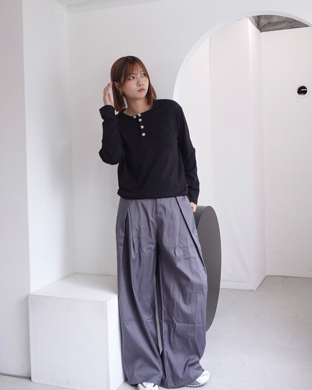 ネック2ボタンワッフルロンT K3376