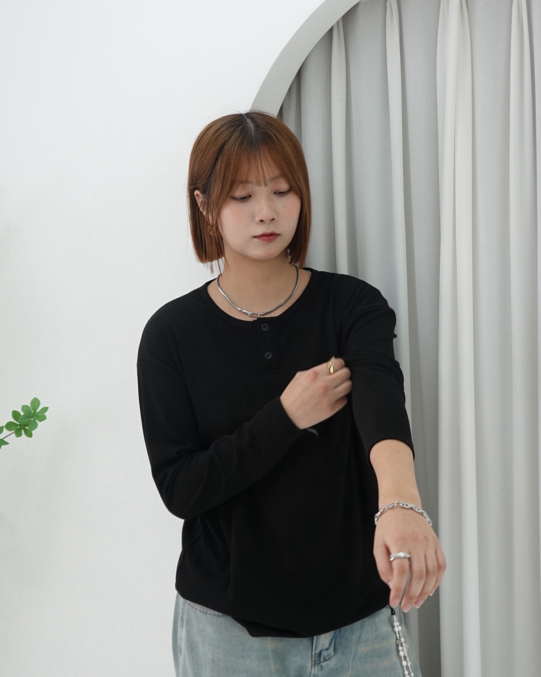ヘンリーネックリブロングスリーブ K3413
