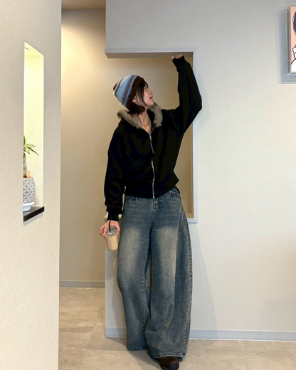 【即納】ファーフードロゴジップパーカー　K5012