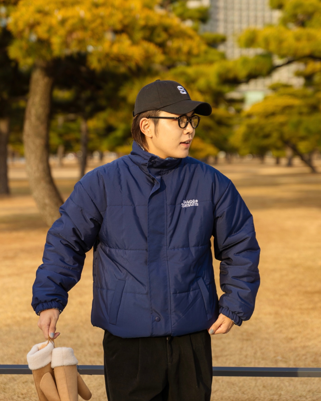 Reversible stand-up collar cotton down jacket, navy KA0014