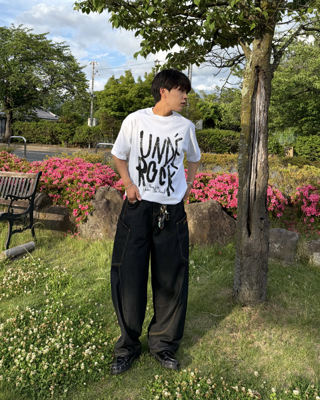 バギーデニムパンツ ブラック 90s・00s 海外風 ピンク プリント