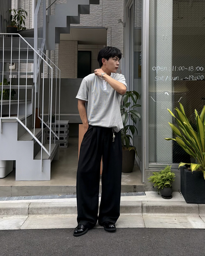 ルーズフィットボーダーヘンリーネックTシャツ KA7402