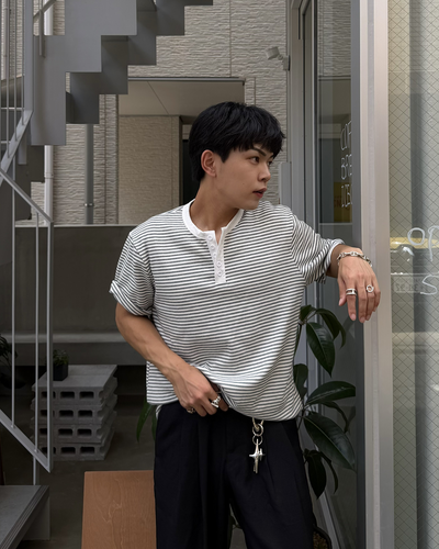 ルーズフィットボーダーヘンリーネックTシャツ KA7402